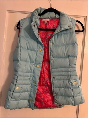 Lilly Pulitzer Light Blue Quilted Vest with Pink Printed Lining